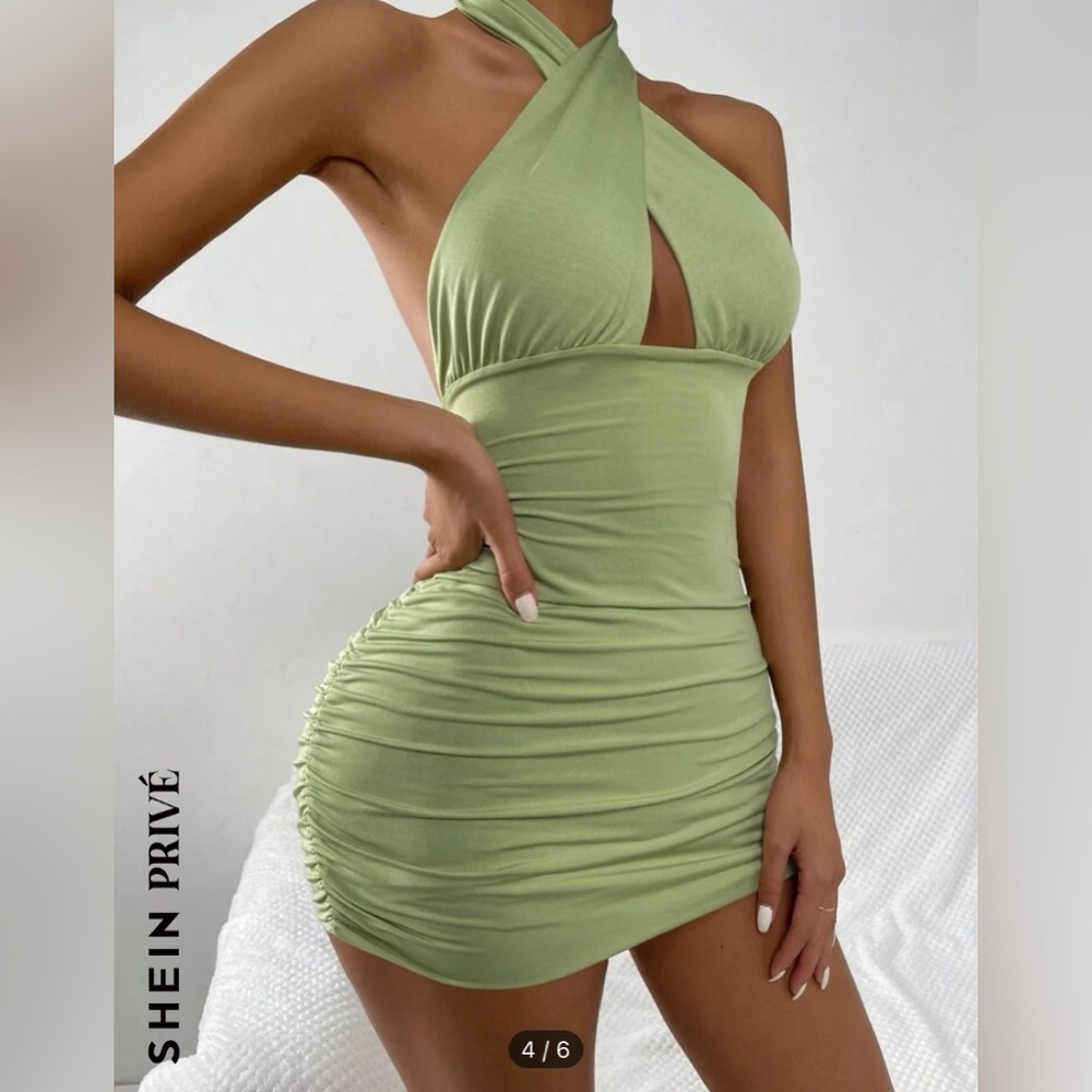 3/$30 Pastel green bodycon halter top mini dress w/ rouched sides
